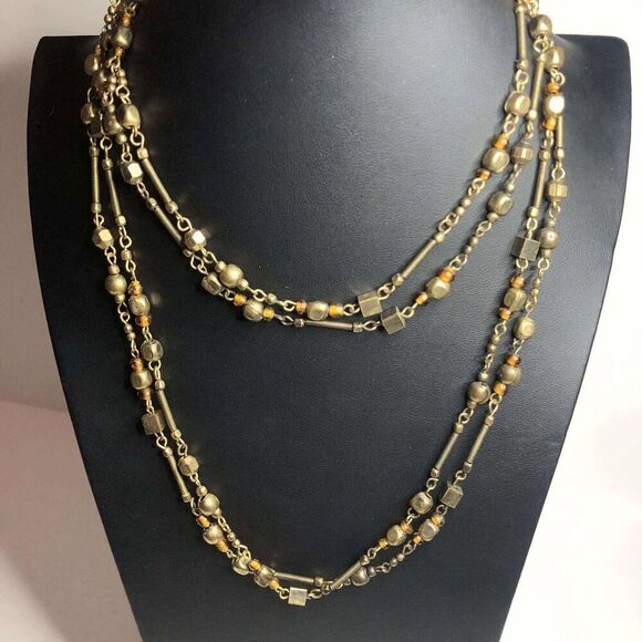 2036 vintage antiqued Gold tone layered beaded station chain necklace 36" - Picture 1 of 3